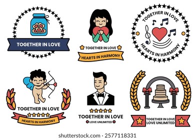 A set of illustrations in the concept of Love and Valentines in line drawing style