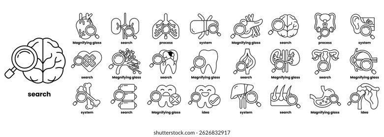 Conjunto de ilustraciones en el concepto de lupas y equipos médicos en un estilo de línea.
