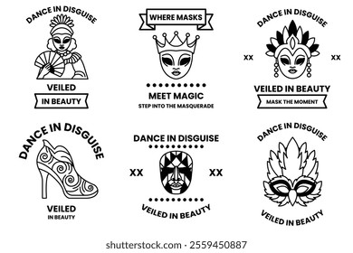 Set of illustrations in the concept of masks and parties in line illustration style