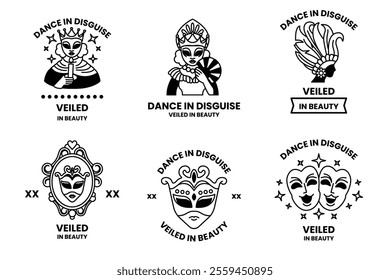 Set of illustrations in the concept of masks and parties in line illustration style