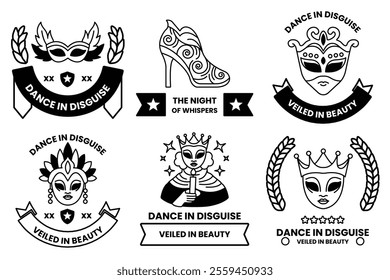 Set of illustrations in the concept of masks and parties in line illustration style