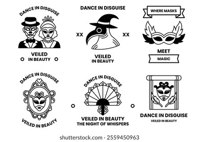 Set of illustrations in the concept of masks and parties in line illustration style