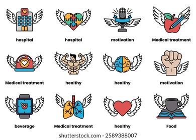 A Set of illustrations in the concept of medical equipment with wings in line art style