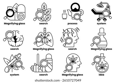 A Set of illustrations in the concept of medicine and science in line art style