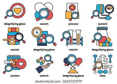 A Set of illustrations in the concept of medicine and science in line art style