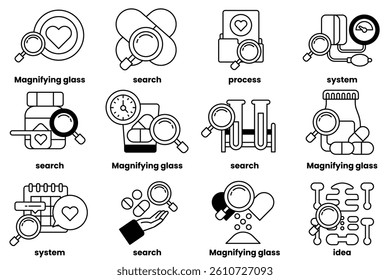 A Set of illustrations in the concept of medicine and science in line art style