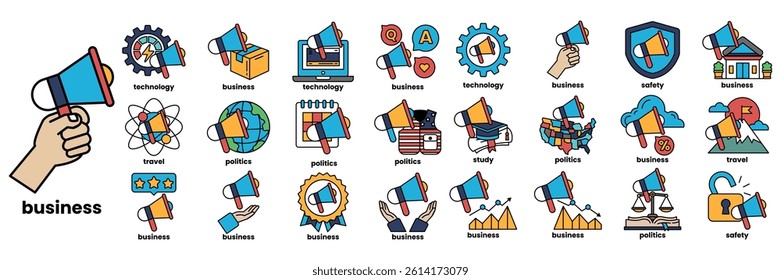 A Set of illustrations in the concept of megaphone and business in line style