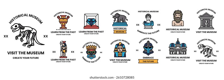 A Set of illustrations in the concept of a museum in line art style