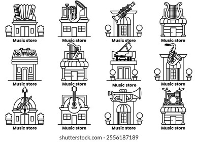 Set of illustrations in the concept of a musical instrument store in line drawing style