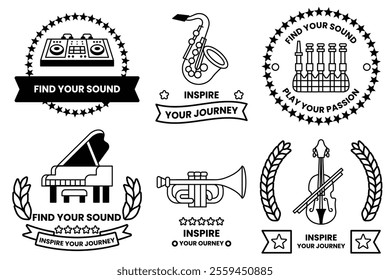 Set of illustrations in the concept of a musical instrument store in line illustration style