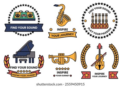 Set of illustrations in the concept of a musical instrument store in line illustration style