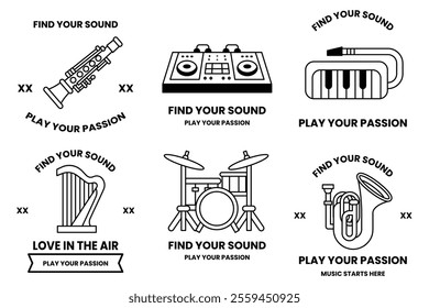 Set of illustrations in the concept of a musical instrument store in line illustration style