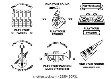 Set of illustrations in the concept of a musical instrument store in line illustration style