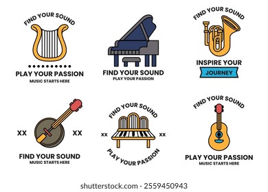 Set of illustrations in the concept of a musical instrument store in line illustration style