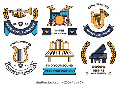Set of illustrations in the concept of a musical instrument store in line illustration style