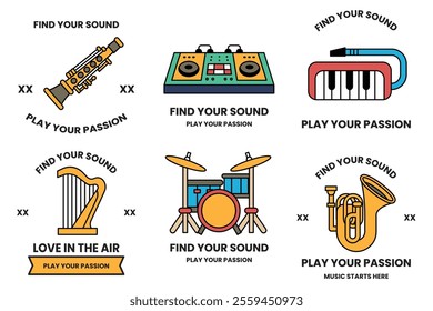 Set of illustrations in the concept of a musical instrument store in line illustration style