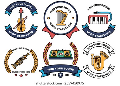 Set of illustrations in the concept of a musical instrument store in line illustration style