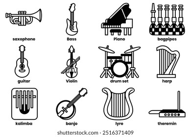 A Set of illustrations in the concept of musical instruments in line drawing style.