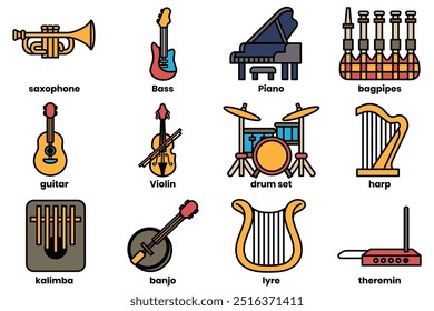 A Set of illustrations in the concept of musical instruments in line drawing style.