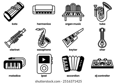 A Set of illustrations in the concept of musical instruments in line drawing style.