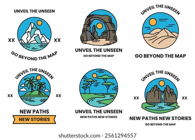 Set of illustrations in the concept of Natural tourist attractions in line style