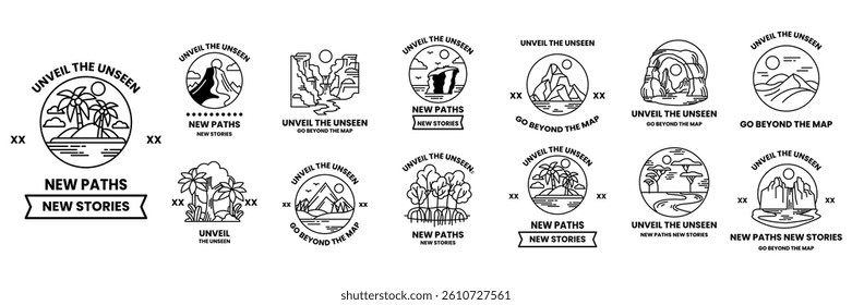 A set of illustrations in the concept of natural tourist attractions in a line drawing style