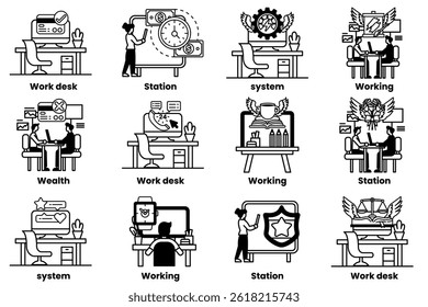A set of illustrations in the concept of office desks and business equipment in a line style