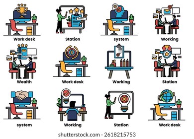 A set of illustrations in the concept of office desks and business equipment in a line style