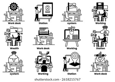 A set of illustrations in the concept of office desks and business equipment in a line style