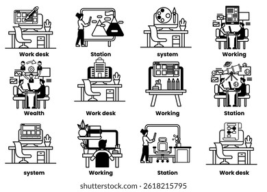 A set of illustrations in the concept of office desks and business equipment in a line style