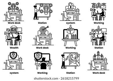 A set of illustrations in the concept of office desks and business equipment in a line style