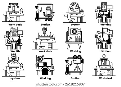 A set of illustrations in the concept of office desks and business equipment in a line style