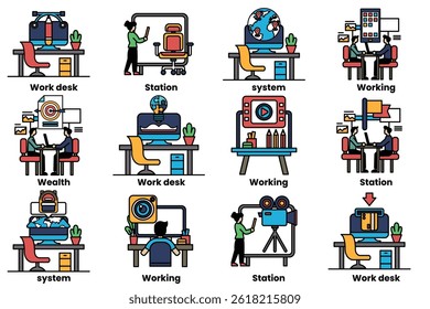 A set of illustrations in the concept of office desks and business equipment in a line style