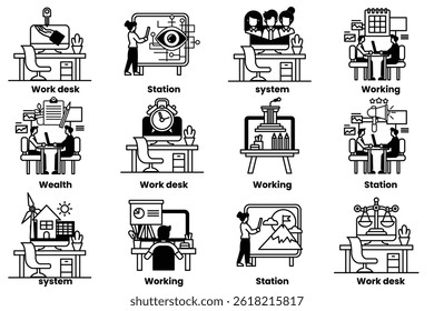 A set of illustrations in the concept of office desks and business equipment in a line style