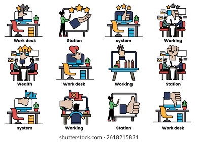 A set of illustrations in the concept of office desks and business equipment in a line style