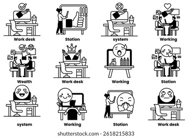 A set of illustrations in the concept of office desks and business equipment in a line style