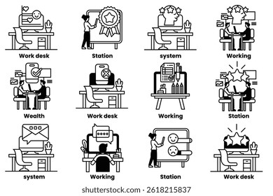 A set of illustrations in the concept of office desks and business equipment in a line style