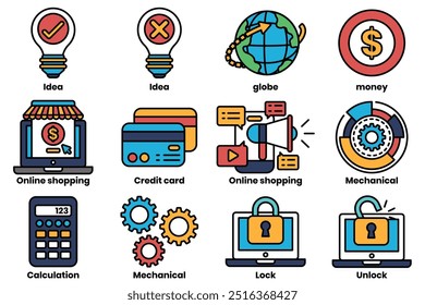 Un conjunto de ilustraciones en el concepto de artículos de oficina y cosas relacionadas con los negocios en un estilo de línea.