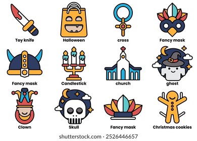 Conjunto de ilustrações no conceito de festa e Halloween no estilo de desenho de linha.