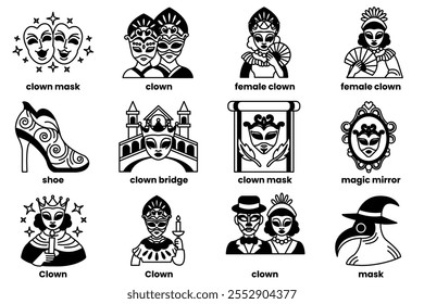 Set of illustrations in the concept of party masks in a line style