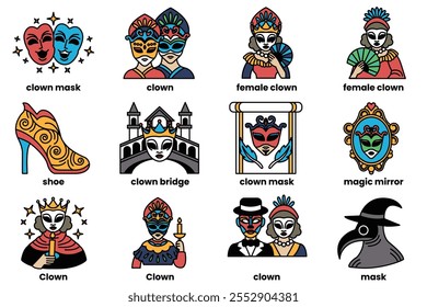 Set of illustrations in the concept of party masks in a line style