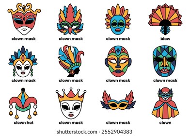 Set of illustrations in the concept of party masks in a line style