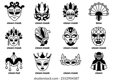 Set of illustrations in the concept of party masks in a line style