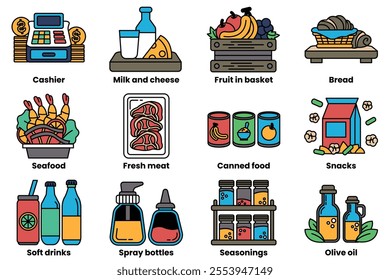 Set of illustrations in the concept of Products in supermarkets in a line style