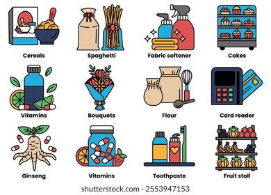 Set of illustrations in the concept of Products in supermarkets in a line style