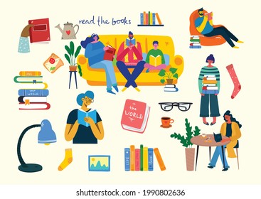 Set of illustrations of the concept Reading the books in the flat style