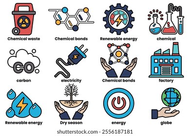 Set of illustrations in the concept of renewable energy in line drawing style
