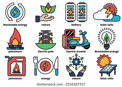 Set of illustrations in the concept of renewable energy in line drawing style