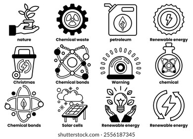 Set of illustrations in the concept of renewable energy in line drawing style