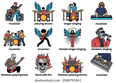 A set of illustrations in the concept of rockers and bands in a line drawing style
